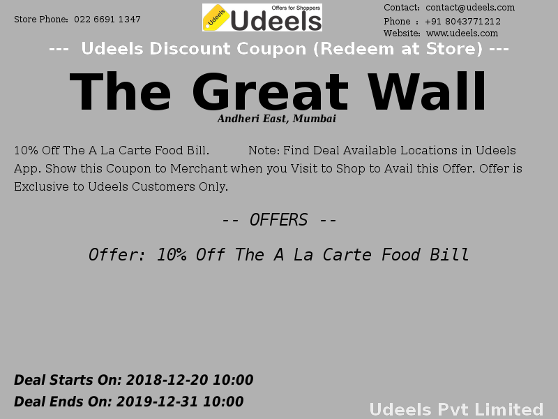 UdeelsU's tweet photo. Offer: 10% Off The A La Carte Food Bill | #TheGreatWall
https://t.co/3fLUWi5mA2 https://t.co/v0AAaplssq