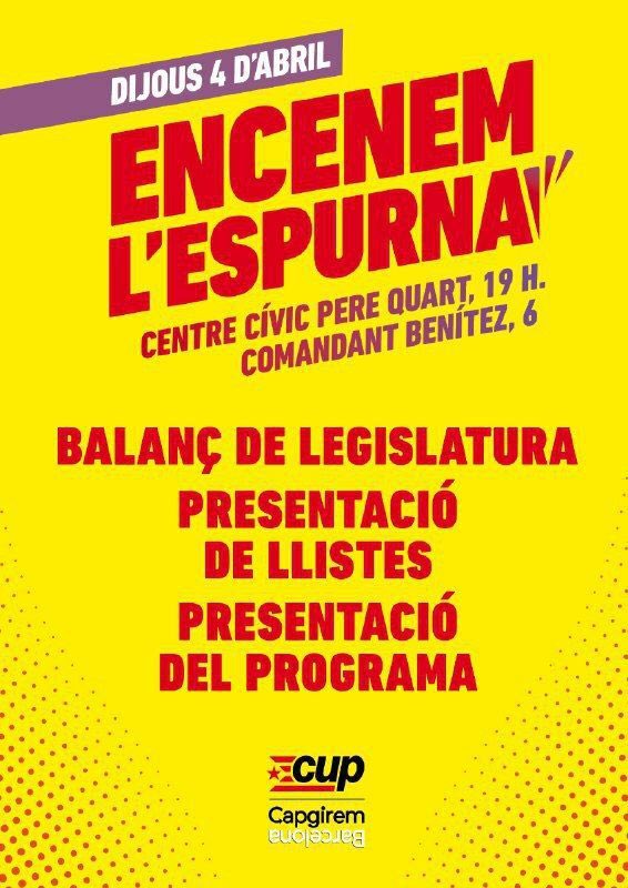 CUPstap's tweet image. ATENCIÓ !! Això és avui; presentació de tots els candidats i Programs Municipals; farem balanç i ..ENCENEM L’ESPURNA!!!
📍Centre Cívic Pere Quart, Comandant Benítez, 6
⏰19:00
#MunicipisValents #PerCanviarHoTot