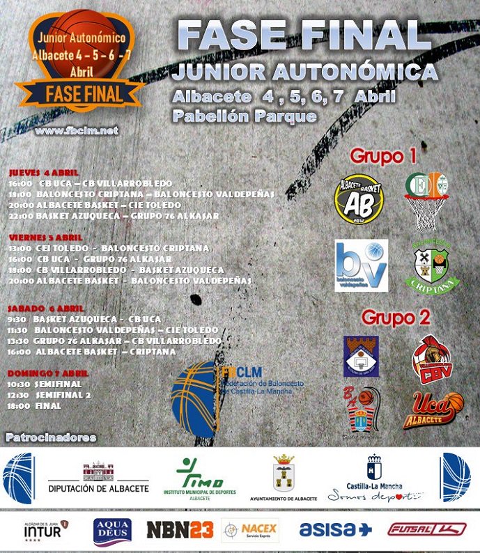 fbclm's tweet photo. F8 Junior Autonómico Masculino | 1ª Jornada (El Parque - Albacete) 👇👇
16:00 @ucacb 🆚@CBVillarrobledo 
18:00 @CBCriptana 🆚@BaloncestoBV 
20:00 @AlbaceteBasket 🆚@CEIToledo  
22:00 @BasketAzuqueca 🆚 @G76AlKasar 
Que comience el espectáculo!!!🏀🏀 https://t.co/9WW4cPBVfg