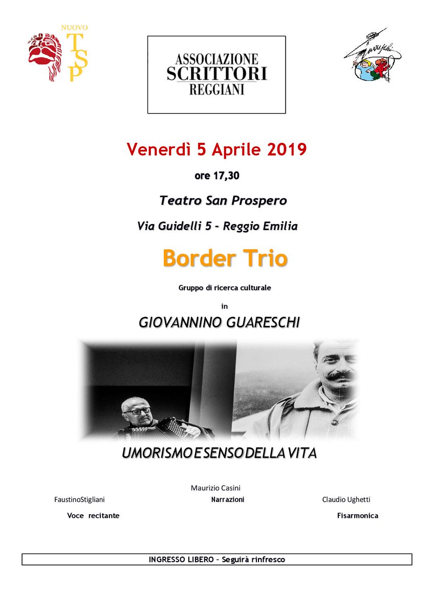 Un omaggio a Giovannino Guareschi organizzato da Associazione Scrittori Reggiani si svolgerà venerdì 05 Aprile ore 17.30 presso il Teatro San Prospero. Ingresso gratuito