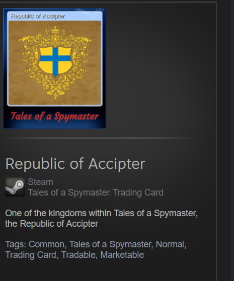 ClackClackGames's tweet photo. Trading Cards are now active for Tales of a Spymaster :D 1 more thing done. Huzzah! #gamedev #indiedev #indiegamedev https://t.co/VEUJ0cb5Jo