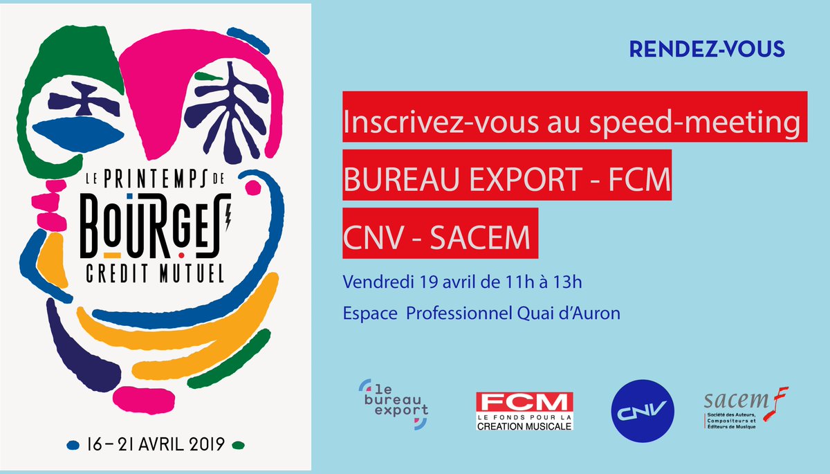 le_CNM's tweet photo. [RENDEZ-VOUS]
👉 Vendredi 19 avril de 11h à 13h
@bureauexport, @lefcm_infos, @CNV_info #TeamCNV et la @sacem organisent un #speedMeeting pendant @PrintempsDB #PDB19
Inscrivez-vous ➡️https://t.co/9hjeEz2wFI https://t.co/5at6ct7Tj9