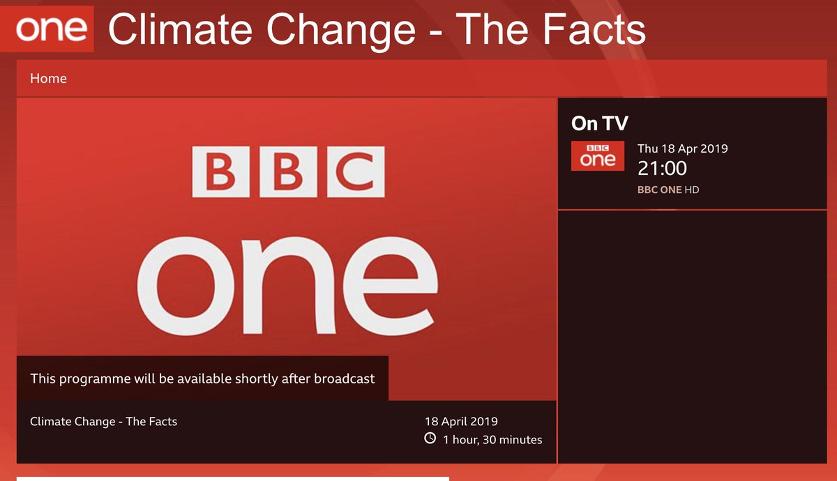 ++CONFIRMED++

BBC One will air "Climate change - The facts", presented by Sir David Attenborough, at 9pm on Thursday, 18 April.

It will be 90mins, so will push back the 10 O'Clock News by 30 mins.

bbc.co.uk/programmes/m00…