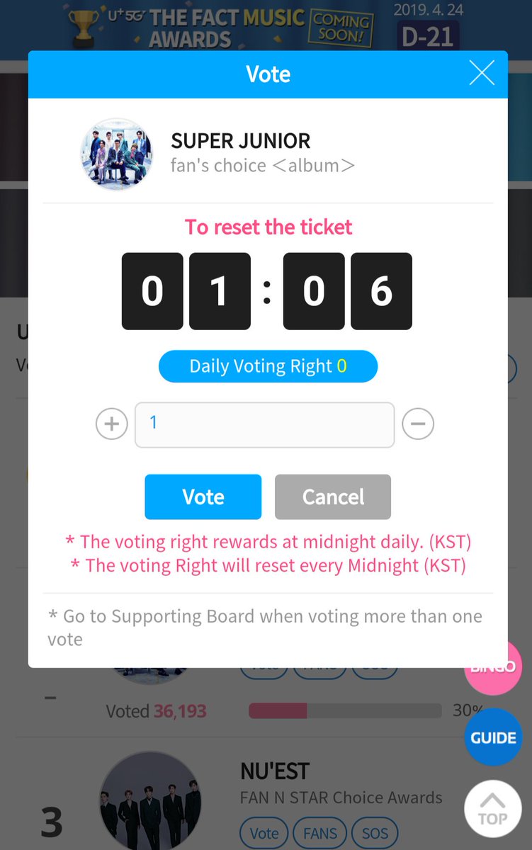 SUJU_VotingTeam's tweet photo. HOW TO VOTE 🗳

1. Go to Fan N Star Choice Award Artist
2. Vote for Super Junior
3. Click Vote 
4. Click Ok

Note: You can vote min 2 to max of 10 according to your G-Point ranking.

#SUPERJUNIOR @SJofficial https://t.co/yKRBgFTUPf