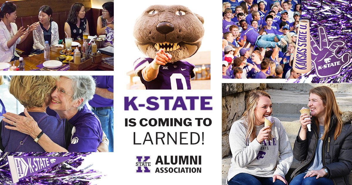 KStateAlumni's tweet photo. Coming up next: Wildcats in #Larned, Kansas, will celebrate #KState! High school juniors and seniors attend for FREE and get a T-shirt, plus a chance at a scholarship. Good food, great friends, Wildcats and plenty of #PurplePride: https://t.co/TCk7xJNcqg 💜🍔😼 #KStateAlumni https://t.co/dUo1Fj0Zy3