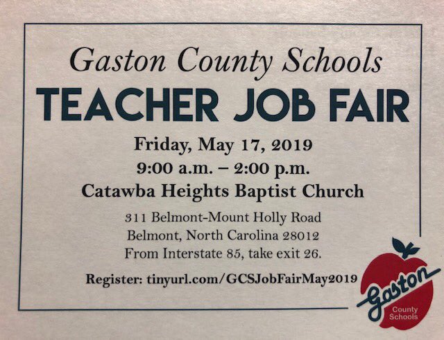 GastonSchoolsHR's tweet photo. Gaston County Schools Teacher Job Fair. Registration open now! https://t.co/7JO5SmgmGF