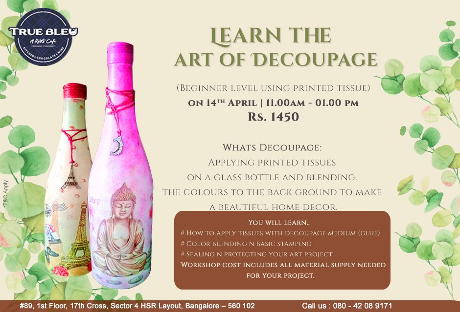 truebleu3's tweet photo. DIY #decoupage - decorative bottle and board making classes at True Bleu restocafe, #Bangalore. Book now to learn something new that's easy and interesting!
Register Now: 080-42089171
#TrueBleu #Workshop #Decor #DIY #Crafts #Bottle #Crafting #Design #Masterpiece https://t.co/CrOEnXyEfw