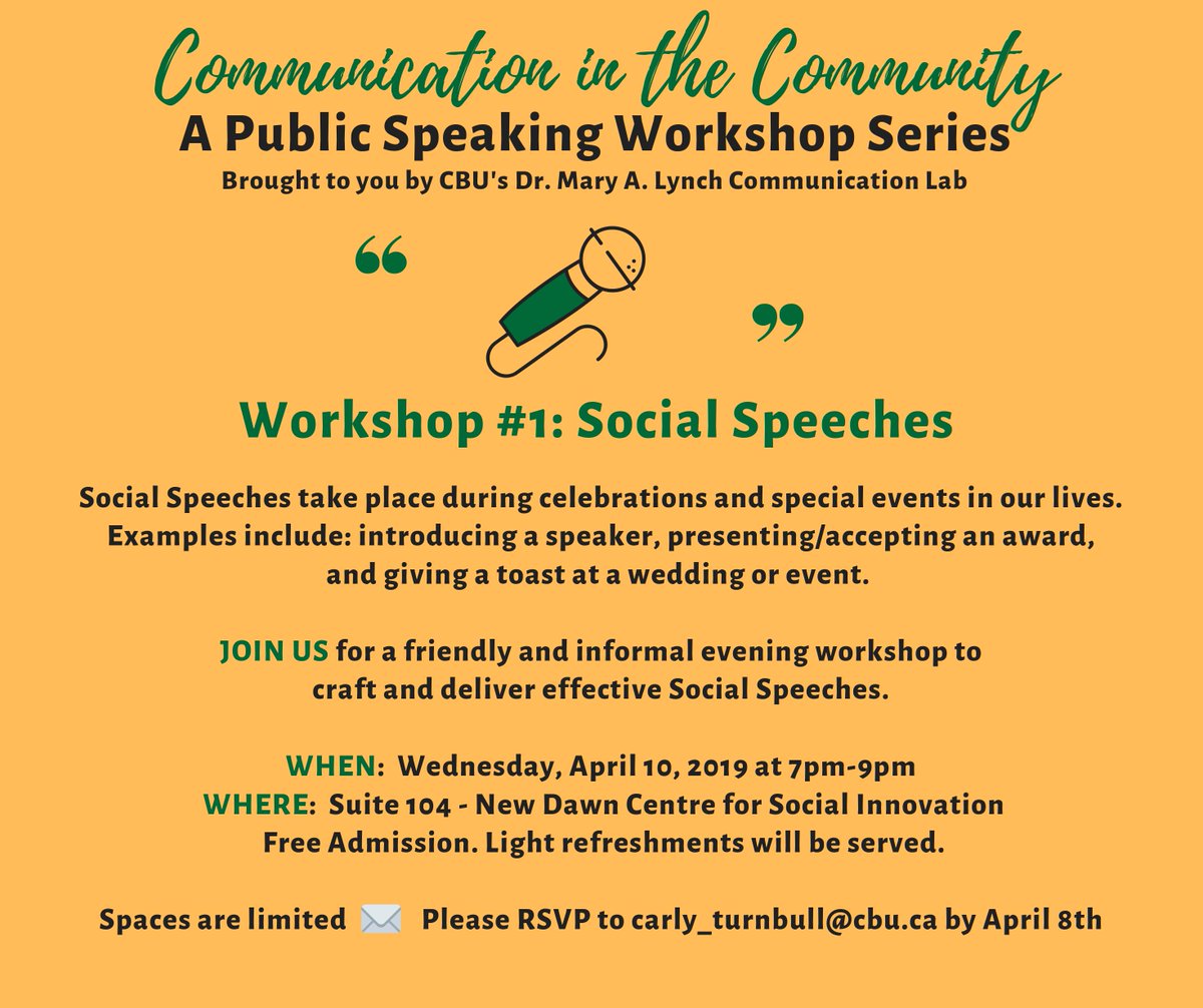 SSatCBU's tweet image. Social Speeches take place during special events in our lives, and delivering an effective social speech is a great skill to have. Join us for a friendly and informal evening workshop on Wednesday, April 10, at 7PM to learn how to craft and deliver effective Social Speeches!