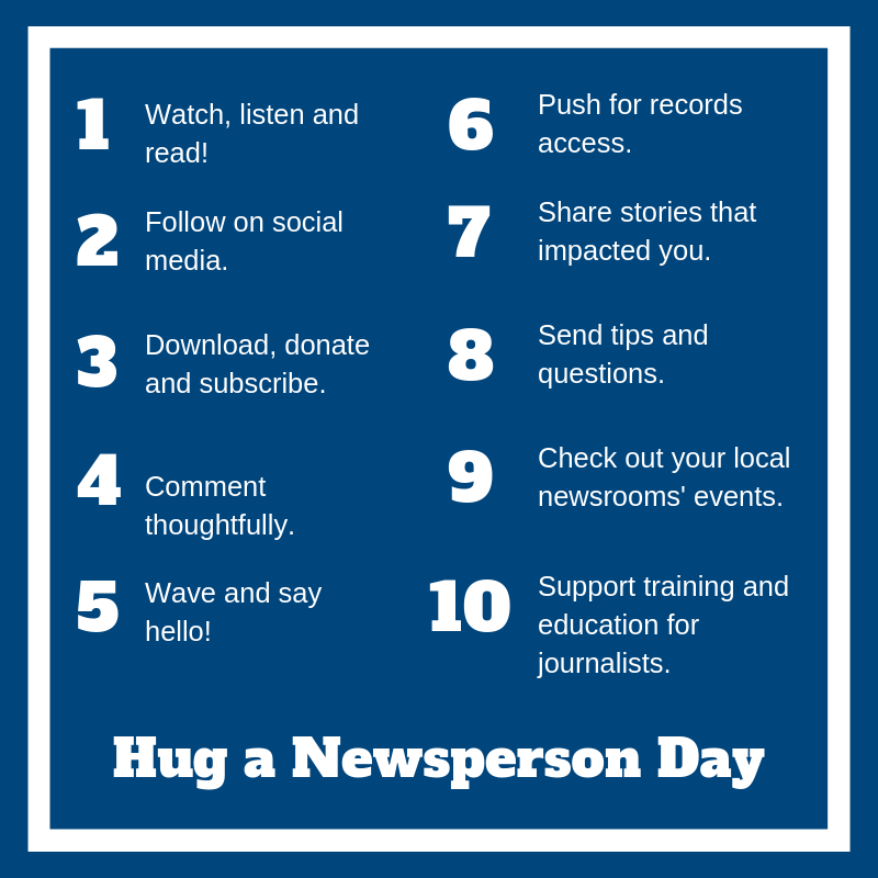 RTDNA's tweet photo. April 4 is #NationalHugANewspersonDay, but there are more (and better) ways to thank your local news people today and all year. Here are a few ways to be neighborly to your local new folks! https://t.co/mtFcRAzQEz https://t.co/NKmwbhKRdH