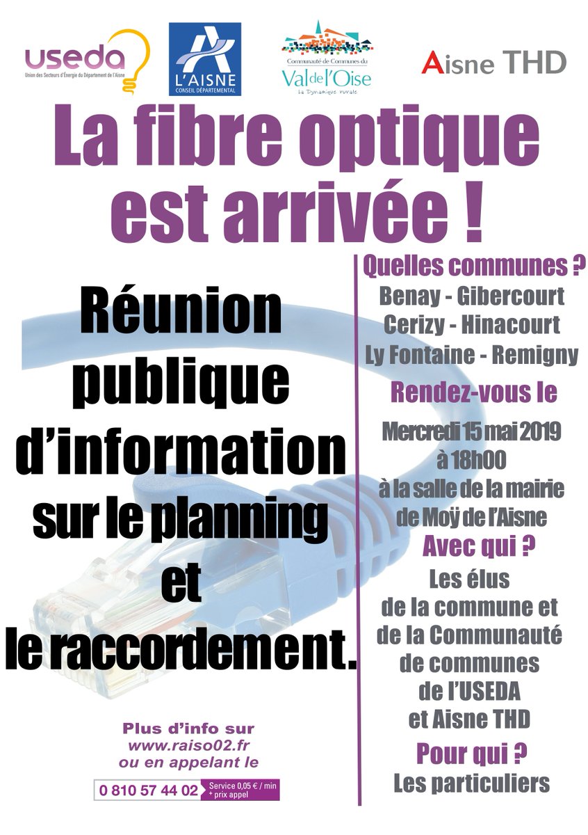 useda02000's tweet photo. #RéunionPublique #FibreOptique : Les habitants de #Benay, #Cerizy, #Gibercourt,#Hinacourt, #LyFontaine et #Remigny sont conviés le 15/05 à 18h à la salle de la mairie de Moÿ de l'Aisne, pour s'informer sur l'arrivée de la fibre optique! #Aisne #CD02 #CCValdelOise https://t.co/oRH9OOFfDP