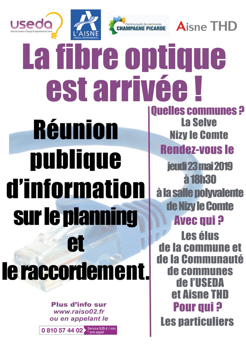 useda02000's tweet photo. #RéunionPublique #FibreOptique : Les habitants de #LaSelve et #NizyleComte sont conviés le jeudi 23 mail à 18h30 à la salle polyvalente de Nizy le Comte, pour s'informer sur le planning et les modalités de #raccordement à la #fibre optique ! #Aisne #CD02 #CCChampagnePicarde https://t.co/gCEmkT8TuY