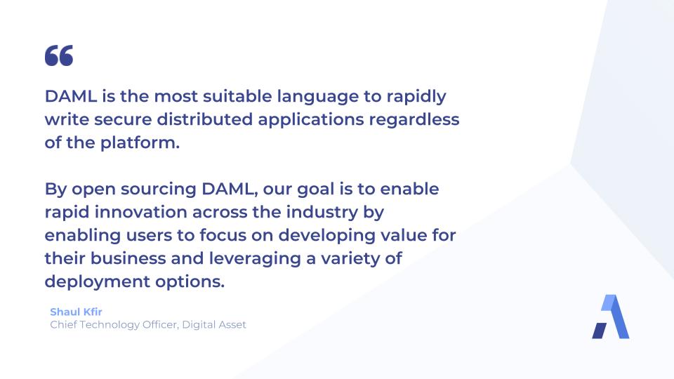 Damldriven's tweet photo. Today we open-sourced our smart contract language, DAML, to allow other vendors to integrate DAML with their platforms, and have made the DAML SDK available to all https://t.co/l7jGg9eCoU #DAMLDriven #smartcontracts https://t.co/ULb7lZqCon