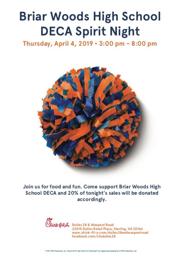 Hoping to see everyone @cfadulles28 today 3-8PM to support <a href="/bwhsdeca/">Briar Woods DECA Chapter</a> #EatMorChikin 

Spread the word <a href="/BW_falconfrenzy/">BRIAR WOODS</a>