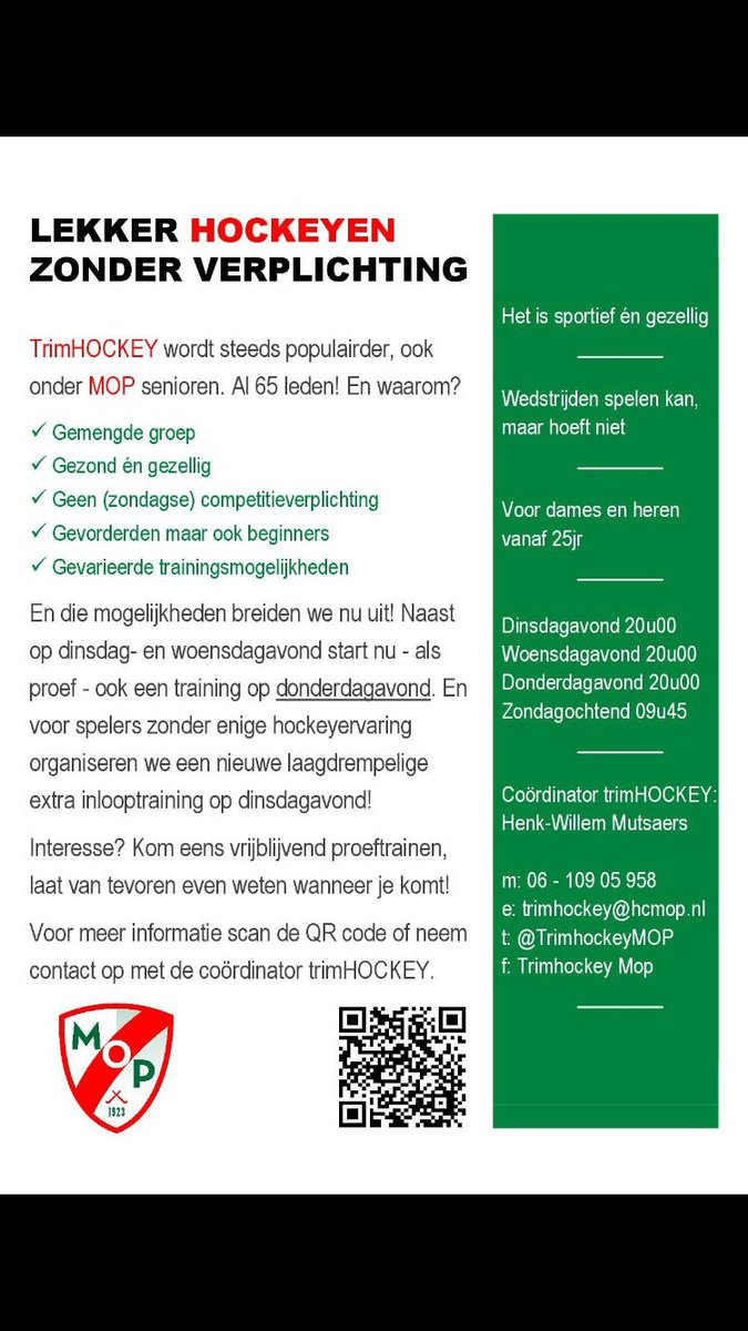 Vanavond start de Trimhockey training op donderdag! Naast dinsdag, woensdag en zondag dus de vierde mogelijkheid in de week om lekker en zonder verplichting te hockeyen! Zin om mee te doen? Kom vrijblijvend proeftrainen! <a href="/hcmop/">VMH&CC MOP</a>