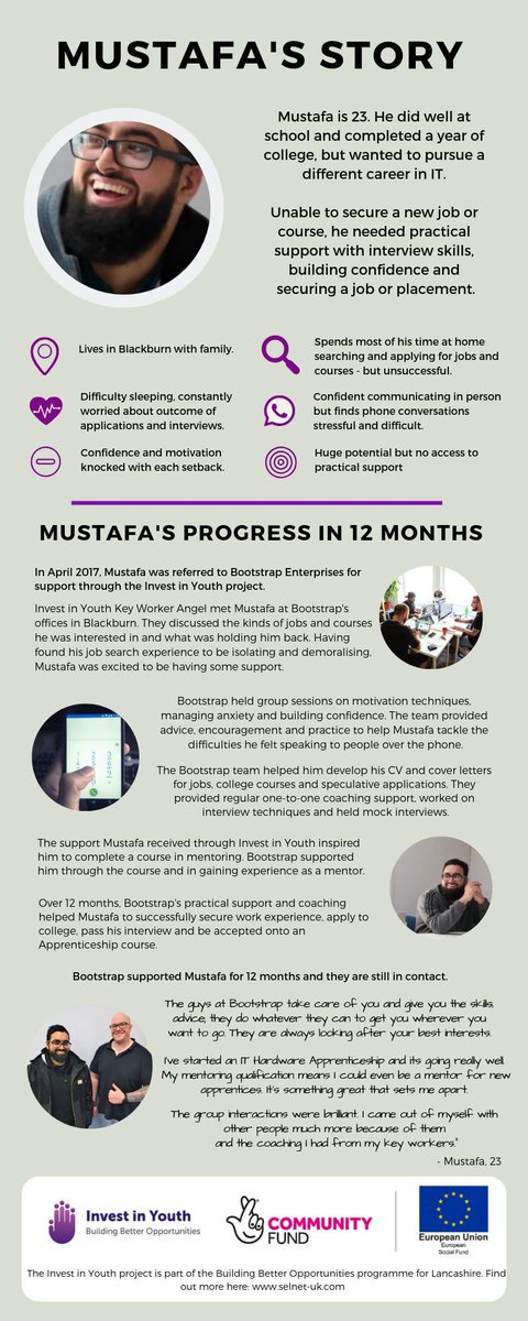 bootstrap_opps's tweet photo. We are Building Better Opportunities for people like Mustafa. We helped him overcome confidence issues, manage anxiety, gain new qualifications and secure an Apprenticeship he is passionate about! Watch Invest in Youth film here: https://t.co/CUUmfp3MMZ
#biglotteryesf @SelnetLtd https://t.co/fXEUmjQs81