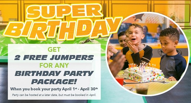 Check out our great deal if you book a party in April (book a party for anytime in 2019). Wiggle room for that ever growing invite list! 2 free jumpers added on to any package. 

Call 289.273.5333 for more info