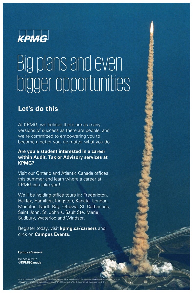 SSatCBU's tweet image. Are you a student interested in a career within Audit, Tax or Advisory services? KPMG will be holding office hours in their Atlantic Canada and Ontario offices this summer to help you discover potential career opportunities!
Find out more and sign up at kpmg.ca/careers
