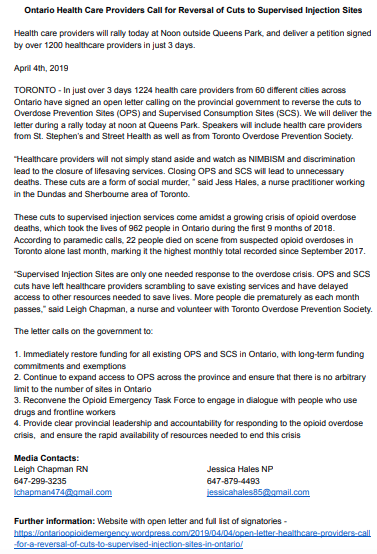 TorontoOPS's tweet photo. Ontario HealthCare Providers released an open letter this morning -signed by 1225 healthcare providers -calling for a reversal of cuts to Supervised Injection Sites &amp; Overdose Prevention Sites. Rally today at 12 at Queen's Park. #OPSsavelives #CutsWillKill https://t.co/Cj73jSIN3v https://t.co/MAWbo2vIUg