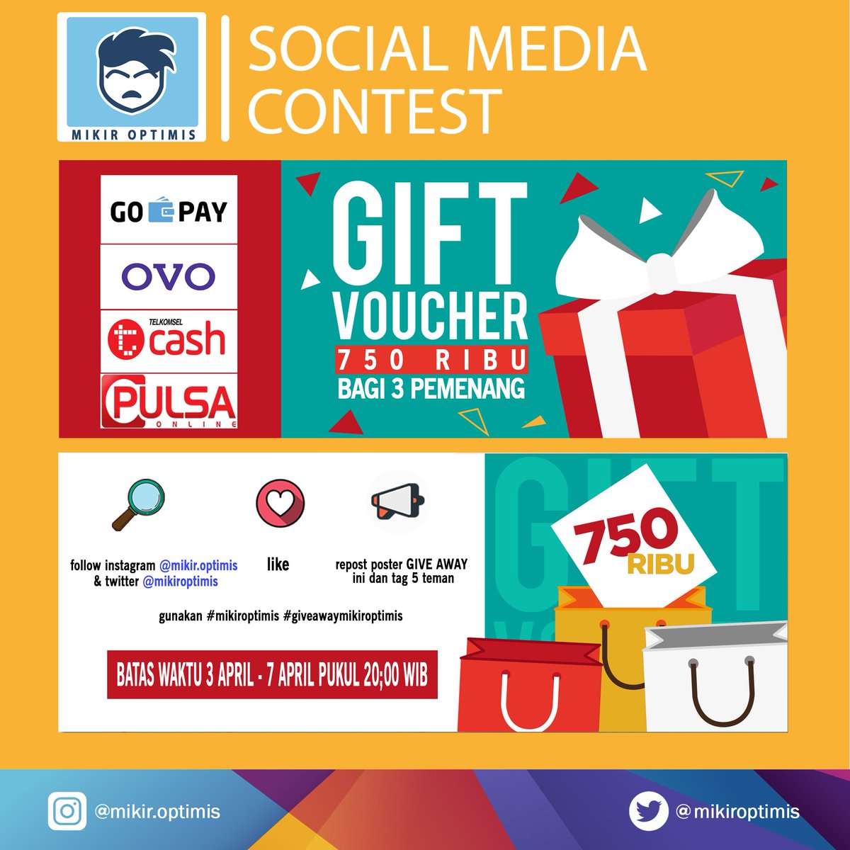 MikirOptimis's tweet photo. HALOOOOO !!! hai sobat pemikir optimis yukk ikutan SOSIAL MEDIA CONTEST dari kita dan dapatkan hadiah Voucher 750rb bagi 3 pemenang..  #mikiroptimis #giveawaymikiroptimis https://t.co/unTMNNXxYb