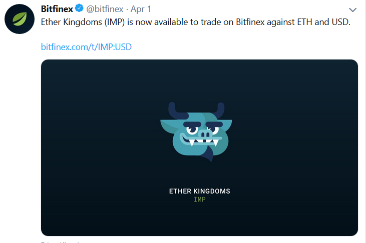 Shadow_Neos72's tweet photo. Bitfinex listed Ether Kingdoms (IMP) @imptoken
First cryptocurrency game with Proof Of Stake mining!
Not literally POS. But literally mining!
#bitfinex #cryptocurrency #blockchain #trading #etherkingdoms https://t.co/OdRxiVWfwL