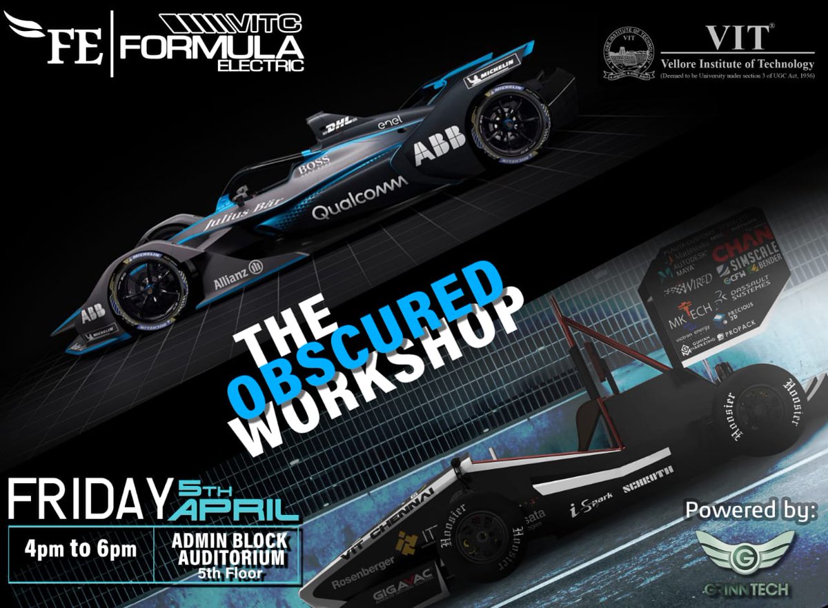 vitc_formula_e's tweet photo. *VITCFE* in collaboration with Grinntech Motors and Services presents to you a one of a kind workshop on Electric Vehicles. 

*Only limited seats available! Register soon! Registration link given below*
*OD will be provided.*
Date: 5th April, 2019
Time: 4pm
Venue: Admin Block https://t.co/492GazvGFg