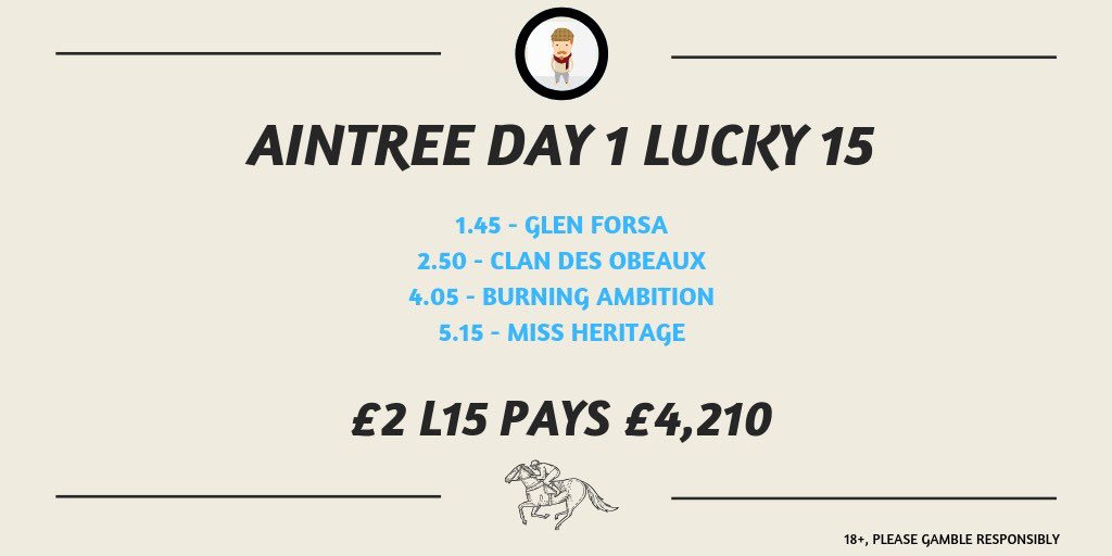 DaveFosterTips's tweet photo. 🍀 AINTREE DAY 1 LUCKY 15🍀

GET ON IT HERE ➡️ https://t.co/zYMiumJv2Z

🔷 £2 Lucky 15 returns £4210
🔷 £5 4-Fold returns £5250

First race at 1:45!

(18+ Gamble Responsibly) https://t.co/aSINc35OzR