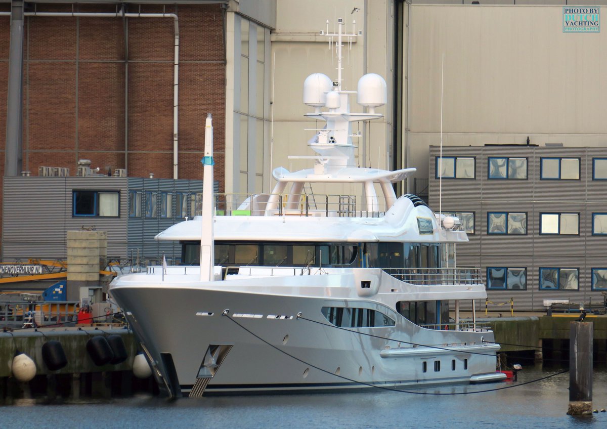 Dutchyachting's tweet photo. The #Hull of #YN473, a #LimitedEditions180, arrived at #AmelsHolland in #Vlissingen on April 17 of last year and was #launched nearly 10 months later on February 16 of this year. We captured the 55m/ 180’4” #yacht in #port Tuesday last week. Photos by @DutchYachting https://t.co/tdEDvSr4SW