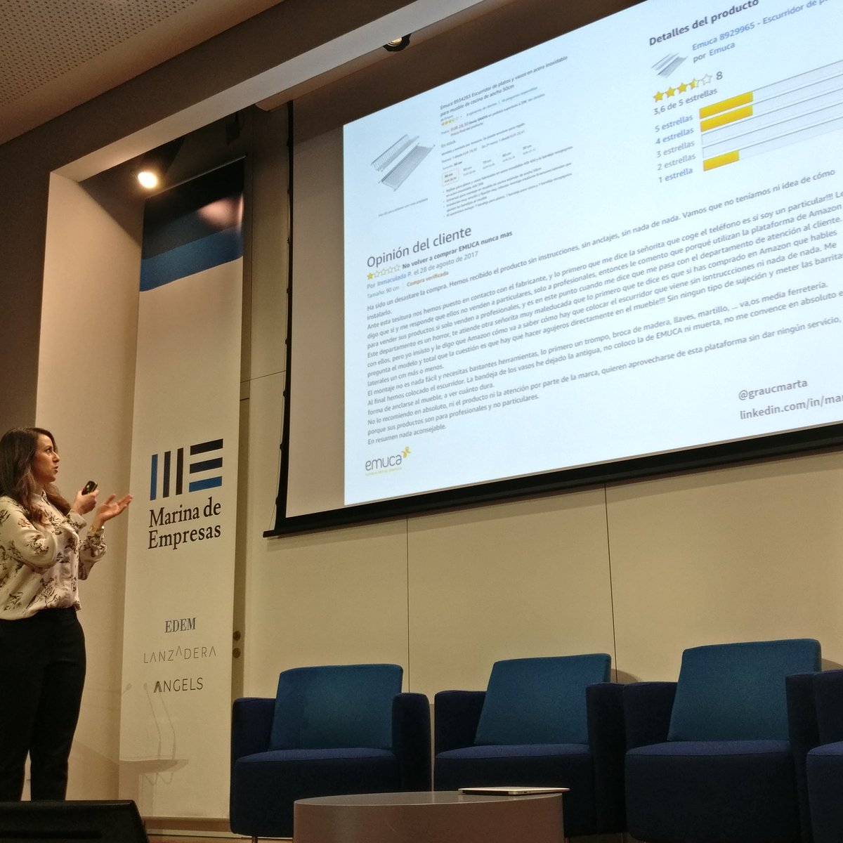 cortijc's tweet photo. .@graucmarta nos cuenta la brutal evolución de Emuca en Amazon pero también los dolores de cabeza que da la venta online para un fabricante y la necesidad de recursos para poder revisar contenidos, atención al cliente, etc #ecommB2B https://t.co/4voiSvYRLf
