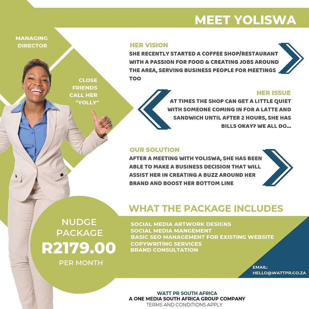 Sir_Mahome's tweet photo. Meet Yoliswa an owner of a coffee shop, and see how we've helped her achieve her business goals. @WattPR_SA

Contact us to enquire: hello@wattpr.co.za

#Business #Entrepreneur #Marketing #Advertising #CoffeeShop #Johannesburg #SocialMedia #Packages #SEO #Ideas #Restaurant https://t.co/pFcbf3B3VJ