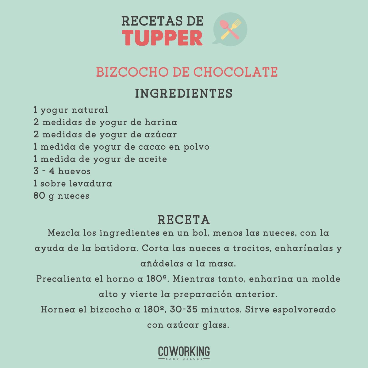 CoWorkingCeloni's tweet photo. Hoy nos ponemos golosos y os proponemos que acabéis la semana con un bizcocho de chocolate 😉Deja a tus #coworkers con la boca abierta!

¡Podéis traernos un trocillo! 🍫

#coworking #bizcocho #coworkingsantceloni #receta #santceloni #coworkinglife #recetasdetupper #santcelonimola https://t.co/5Xh8IQpgba
