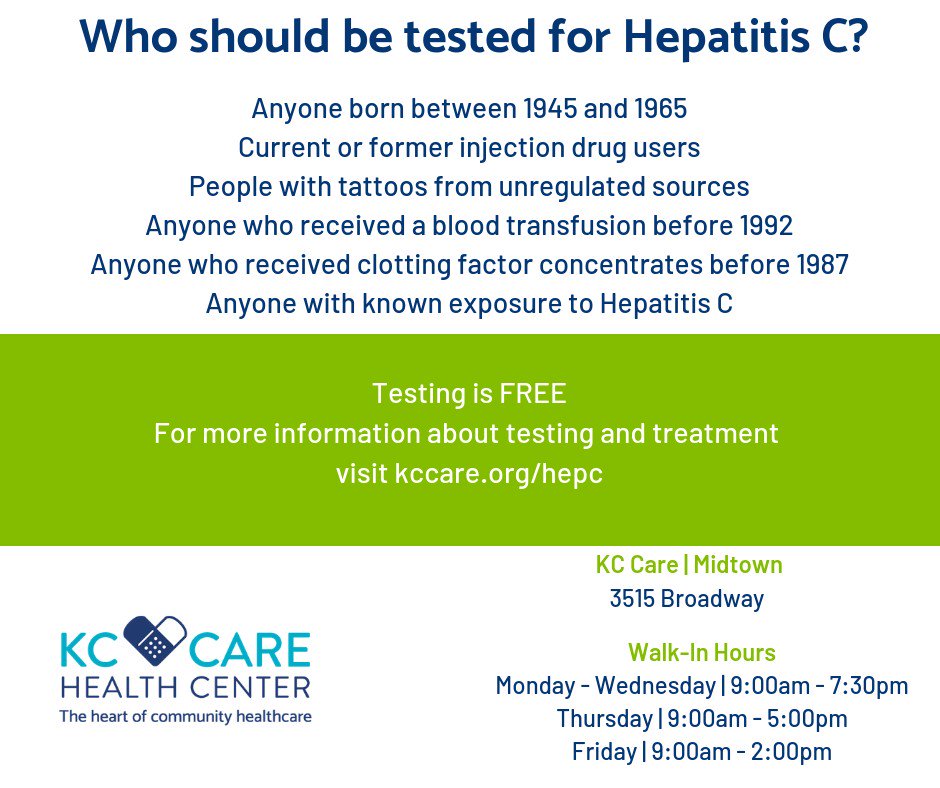 Get Tested for Hep C at KC CARE.  kccare.org/hepc