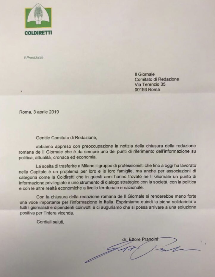 giornale_rm's tweet photo. Il sostegno di Ettore Prandini, presidente di Coldiretti: “Siamo preoccupati per la chiusura della redazione romana del Giornale. Così si rende meno forte una voce importante dell’informazione in Italia”. #Berlusconi @coldiretti @ilgiornale https://t.co/ui0EBf4blm