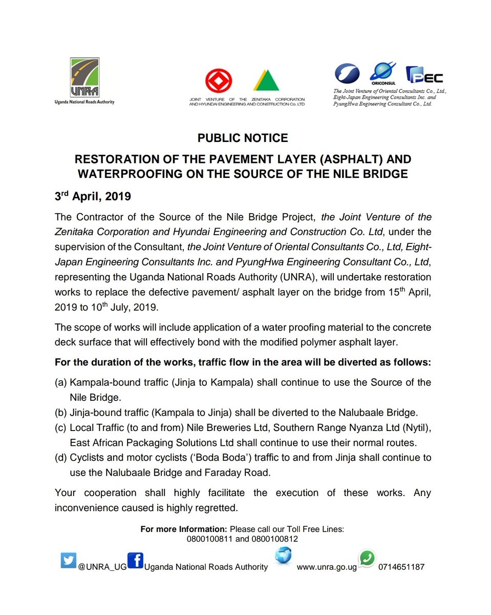 UNRA_UG's tweet photo. The #SourceOfTheNileBridge is designed to last for 120 years. No defect has compromised its guaranteed strength & longevity.
The planned remedial works are meant to lay an effective/modified layer of asphalt onto the concrete deck surface.
#UNRAworks
*See latest information โฌ๏ธ https://t.co/OUDuWTR9ql