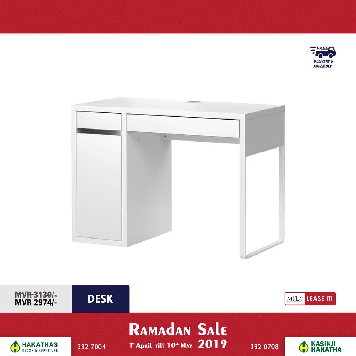 hakathamv's tweet photo. We have beautiful pure white IKEA desks perfect for a study or office. Price includes free delivery and assembly. Buy it on installments using @mflc_mv Lifestyle Lease. Call 3327004 for more info. #hakatharamadansale https://t.co/TN8UOJyoEr