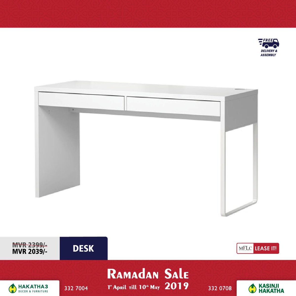 hakathamv's tweet photo. We have beautiful pure white IKEA desks perfect for a study or office. Price includes free delivery and assembly. Buy it on installments using @mflc_mv Lifestyle Lease. Call 3327004 for more info. #hakatharamadansale https://t.co/TN8UOJyoEr