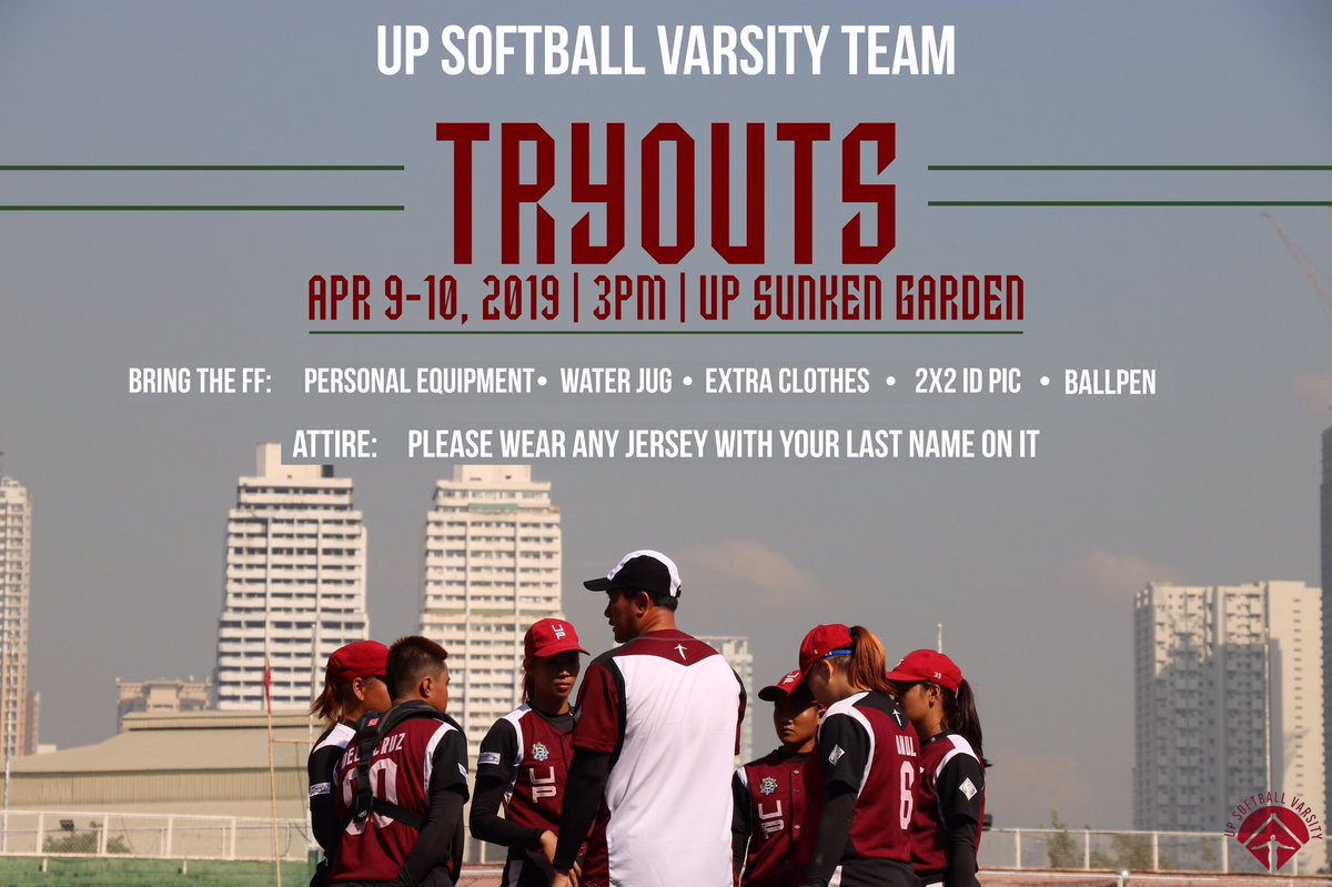 To all aspiring iskolar - athlete of the UP Softball Varsity Team, please take note of the changes in our sched for our open tryouts this year: April 9 - 10, 3PM at the UP Sunken Garden ❤️💚 Be sure to bring the ff items listed below and wear any jersey with your last name.