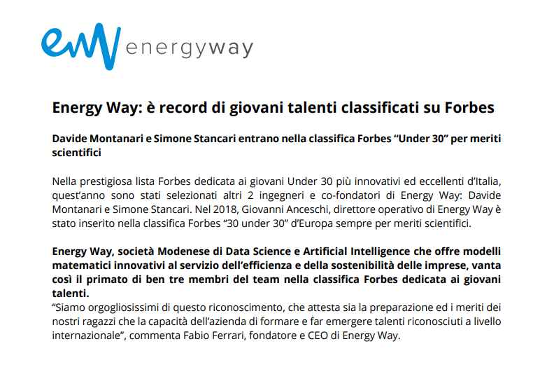 AlanAdvantage's tweet photo. We're all proud of #EnergyWay!

Davide Montanari and Simone Stancari enter the @Forbes "Under 30" classification for scientific merits. 
Energy Way qualifies as the only company in Italy with 3 team members in the Forbes rankings.  ⤵️
https://t.co/sWRyyCltWC
#AlanAdvantage https://t.co/uqXL0Ollpw