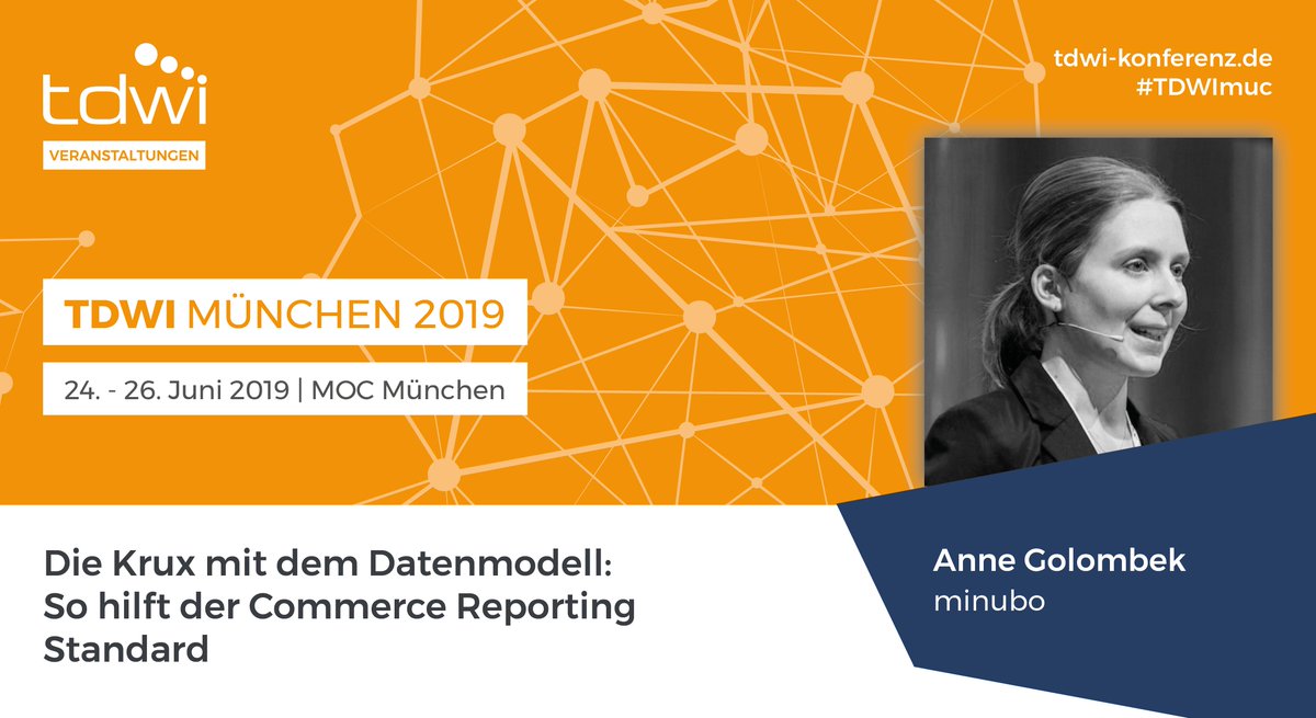 An Tag 2 des #tdwimuc spricht Anne Golombek von <a href="/minubo/">Mia Alden</a> (10:45-11:20). Thema ihres Vortrags: "Die Krux mit dem Datenmodell: So hilft der Commerce Reporting Standard". Mehr Infos unter: ow.ly/7QEy50oJRbP #TDWI