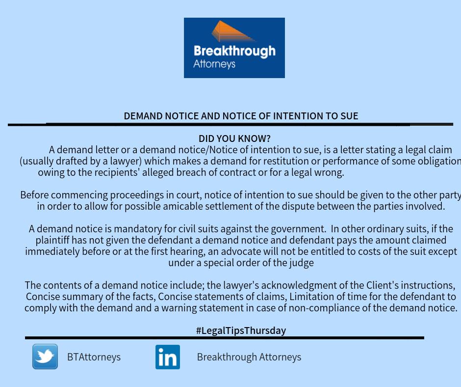 BTAttorneys's tweet image. Did you know the significance of issuing a Demand Notice prior to institution of a suit in Court? Here's a summary on Demand Notices in Tanzanian legal practice.
#LegalTipsThursday
#DemandNotice
#CivilProcedureLaw