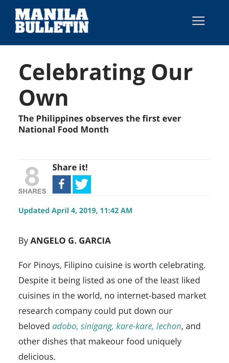 GNewsPH's tweet photo. GNewsPH Food:
@manilabulletin Celebrating Our Own
For more, go to https://t.co/5eWqTwDLbz
Decentralized News Curation
#food #foodnews #foodlover #drinks #drinksPH #NationalFilipinoFoodMonth #Pinoyfood https://t.co/NgLo1Gsujs