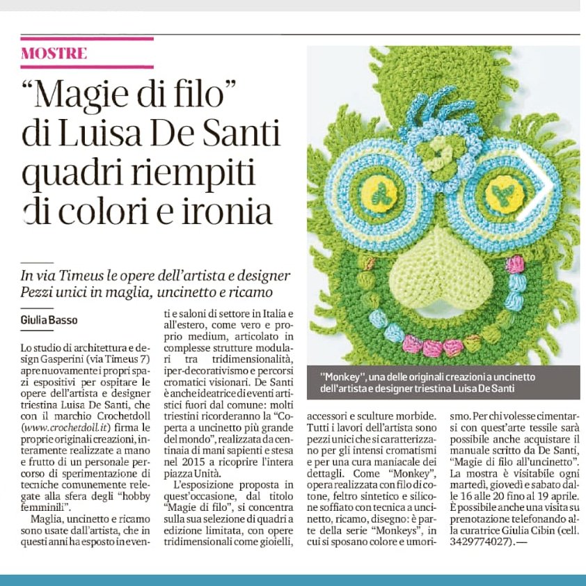 crochet_doll's tweet photo. #4aprile da @il_piccolo di oggi. Grazie per l'articolo!
#luisadesanti #arte #artetessile #trieste #arteatrieste #fiberart #textilegallery #artgallery #visionaryart https://t.co/8uG7qIfMx1