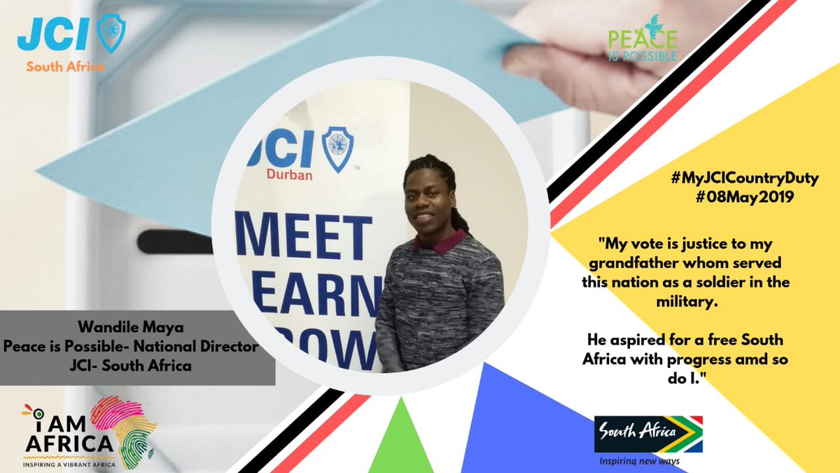 JCISouthAfrica's tweet photo. Our National Vice President's are sharing why South Africans should vote on the 8th of May!
#MyJCICountryDuty
@iamafrica @jcinews #act4peace
@PlayYourPartSA
#JCISA #JCI #JCISOUTHAFRICA
#InspiringImpact
#PeaceIsPossible
#PLAYYOURPART
#HorizonsExpanded
#IAmAfrica https://t.co/V1Ar1L3XLv