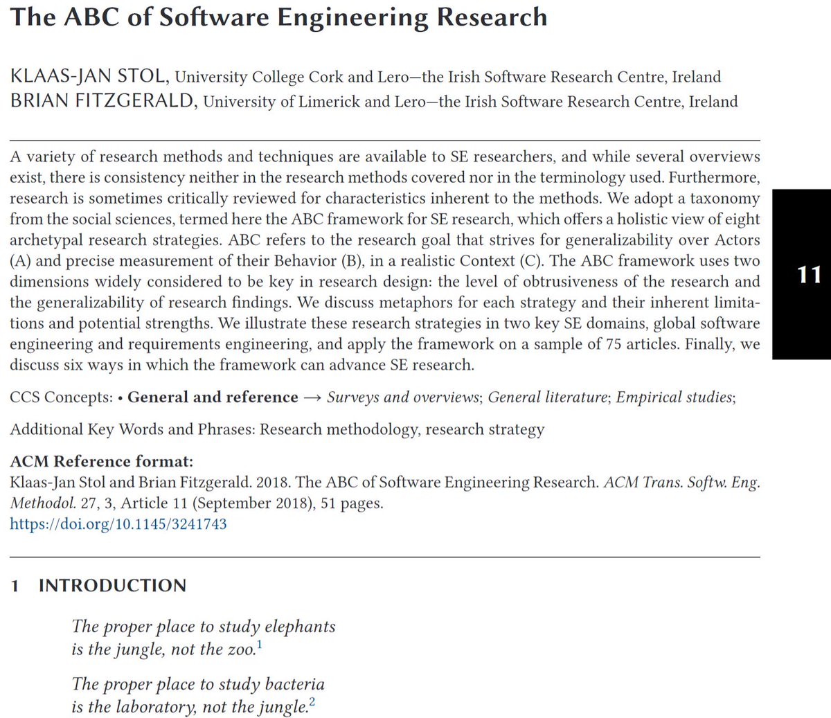 The 51 page ABC of Software Engineering Research #TOSEM article should be mandatory reading for new software engineering PhD students. It's also a wonderful methodology reference for all software engineering researchers. doi.org/10.1145/3241743