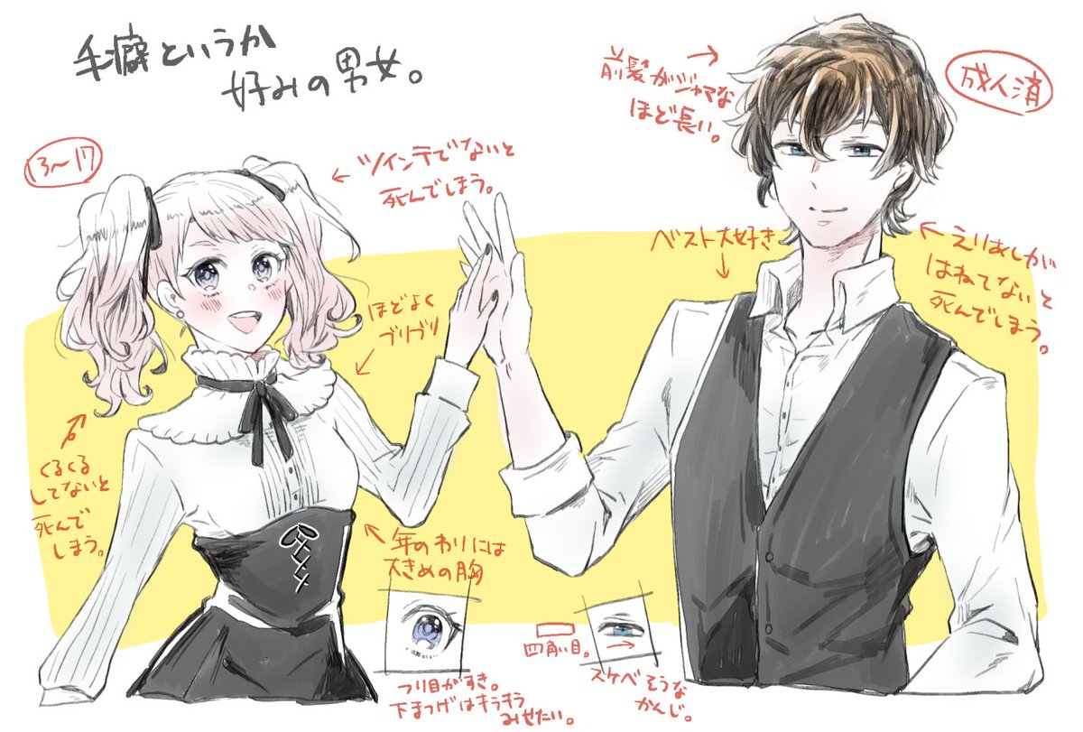 私の描くメンズのCV鳥海さんって言われたので、手癖というか好みの創作男女キャラ。
女子は田村ゆかりさんかモモーイでどうでしょうか? 