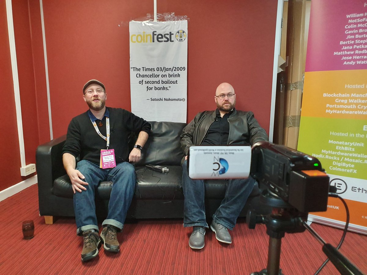 WorldCryptoNet's tweet photo. Coinfest 2019 has begun and the WCN #CryptoCouch is in full swing with @MadBitcoins and @theog__ for another edition of the infamous 'Proof Of Work' series 🤓

#ProofOfWork @CoinFestUK https://t.co/nNGtMS0HZj