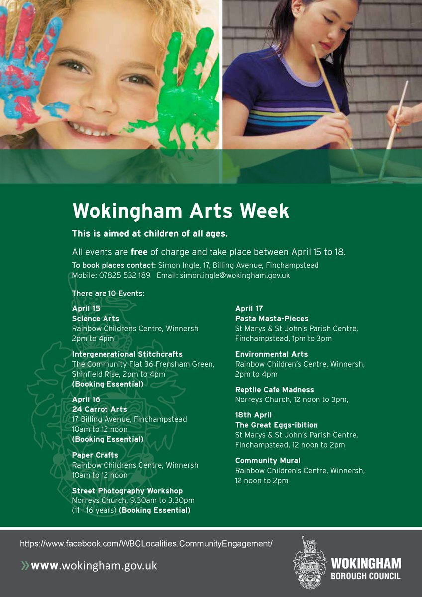 WokinghamYour's tweet photo. From the 15th-18th of April, Community Engagement will host activities across the Borough aimed at getting young people involved in arts. All activities are free of charge. See attachment for more info, or to book a place on one of our events, see attached poster. https://t.co/CYy9NLo41N