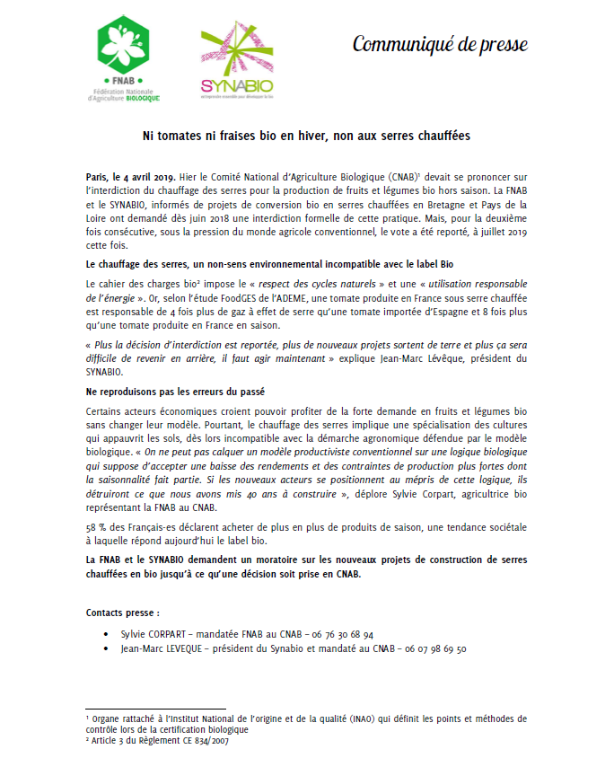 fnab_bio's tweet image. Ni tomates ni fraises #bio en hiver, non aux serres chauffées ! 
Communiqué de presse de la FNAB et du @synabio
Le chauffage des serres est un non-sens environnemental incompatible avec le label bio ! #nonauxserreschauffees 
fnab.org/images/files/c…