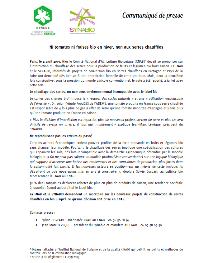 Ni tomates ni fraises #bio en hiver, non aux serres chauffées ! Communiqué de presse de la FNAB et du @synabio Le chauffage des serres est un non-sens environnemental incompatible avec le label bio ! #nonauxserreschauffees fnab.org/images/files/c…