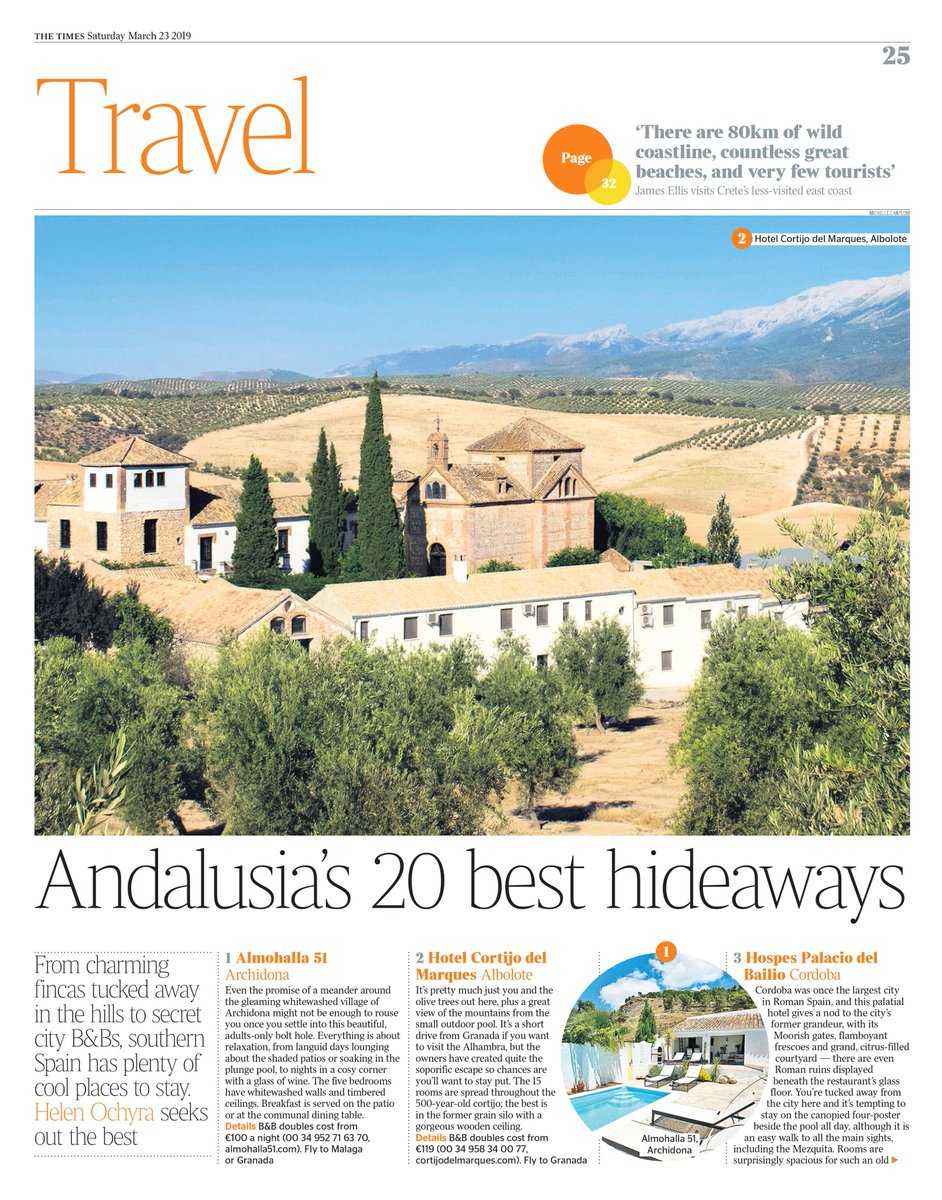 CortijoMarques's tweet photo. We proudly present..... #HotelCortijodelMarques on the front page of "The Times travel magazine". 
#slowhotel #hideaway #Andalucia https://t.co/PCAycLYcX5