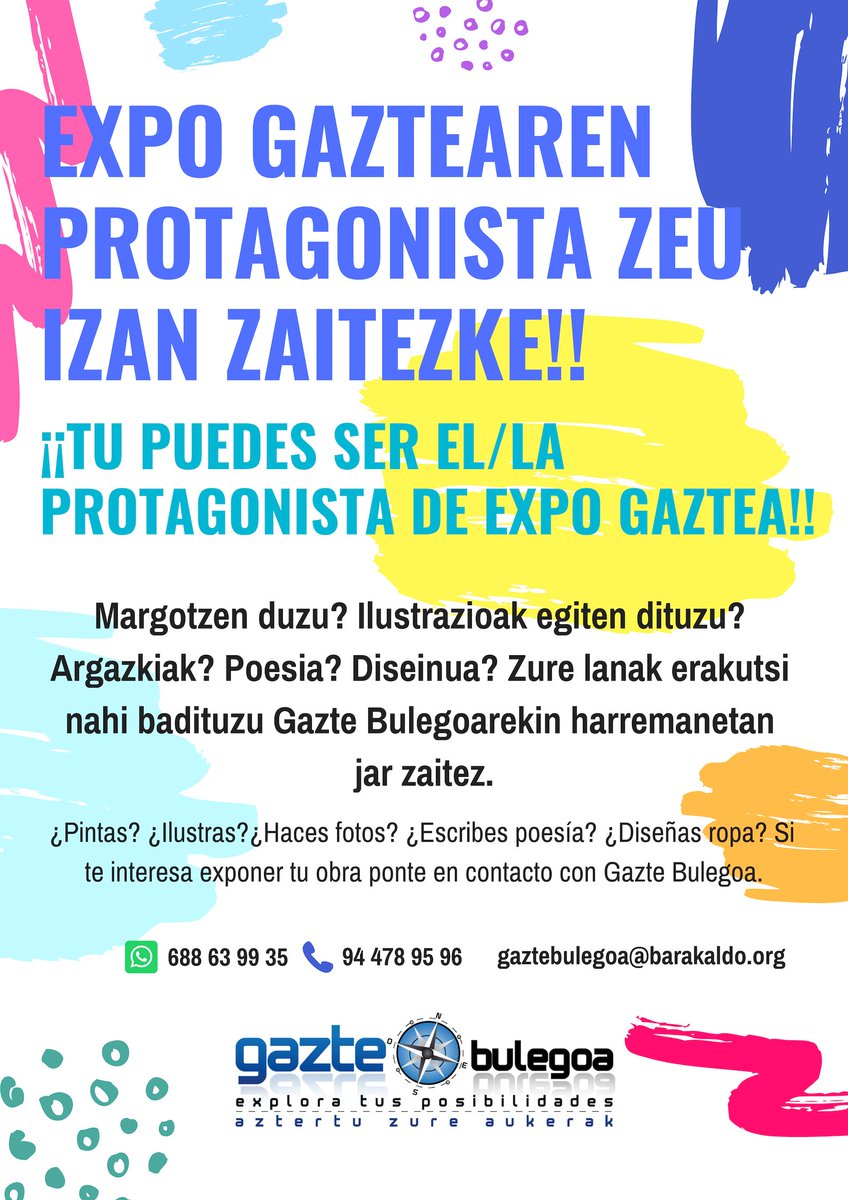 GazteBulegoaBrk's tweet photo. ✍️📸🖌 #ExpoGaztea! Zure lana erakutsi nahi baduzu gurekin harremanetan jar zaitez!
✍️📸🖌 #ExpoGaztea! Si te interesa exponer tu obra ponte en contacto con nosotros!
#gazteria #juventud #barakaldo #erakusketa #exposición #arte #kultura https://t.co/K9QuVSzqrn